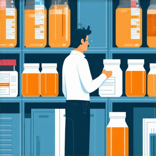 Illustration of lab personnel using advanced storage racks with labels and access controls