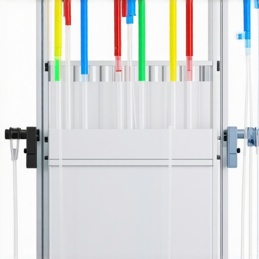 A sleek, vertical IV rack in a hospital ICU showcasing organized supplies and space optimization