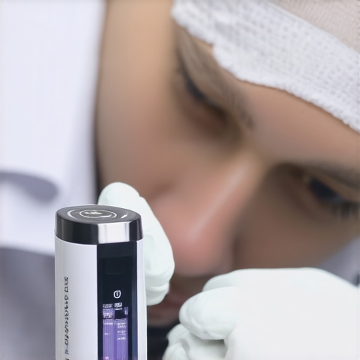 Medical professional checking device specifications with modern healthcare equipment.