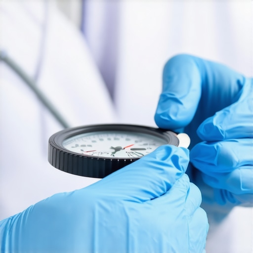 A technician calibrating medical measuring devices in a clinical setting.