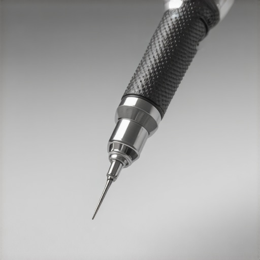 Close-up of a modern ergonomic needle holder with textured grip in a surgical environment.