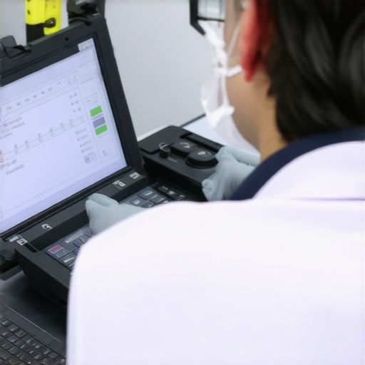 Healthcare professional calibrating medical devices using specialized tools and software.