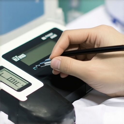 A technician carefully calibrating a sophisticated medical device in a hospital