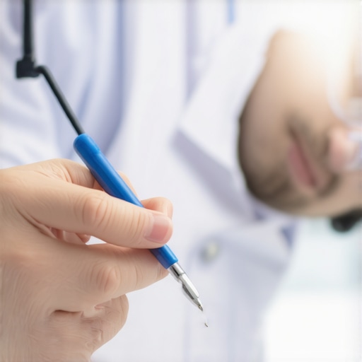 Healthcare Device Calibration in Progress Technician calibrating medical equipment with digital calibration tools in a clean clinic environment.