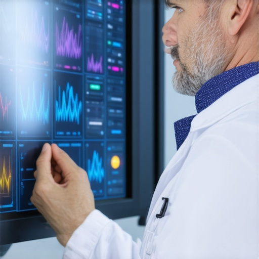 A medical professional analyzing high-tech device screens in a clinical environment