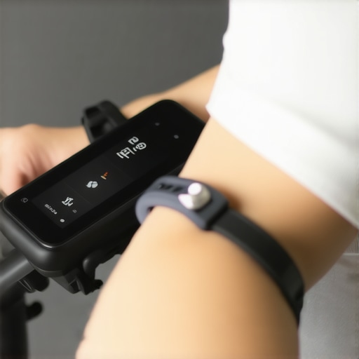 Person riding a smart bike with integrated heart rate sensor