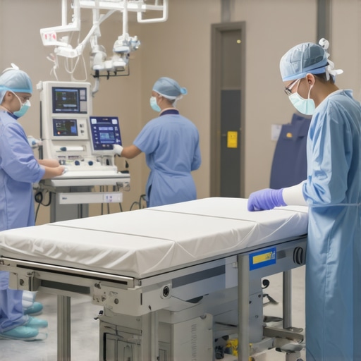 Medical staff adjusting a heated surgical table in a sterilized operating room.