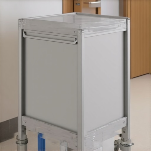 Stainless steel hospital laundry carts with large wheels in a healthcare environment.