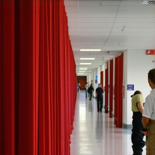 Hospital corridor demonstrating fire-retardant curtains and staff safety training.