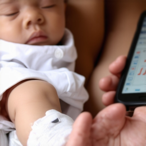Baby wearing a bio-sensor on foot while parent monitors health data on phone