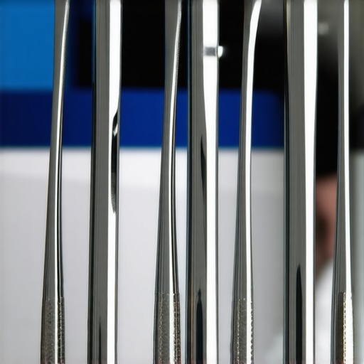 Close-up of surgical forceps being inspected for insulation integrity in a medical sterilization setting.