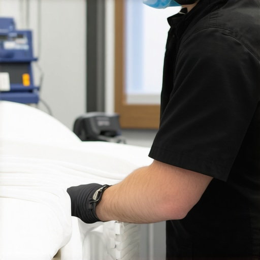 Healthcare worker fitting a breathable antimicrobial mattress cover onto a hospital mattress.