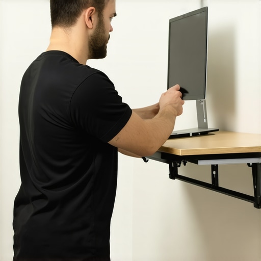 Medical professional mounting a wall-supported folding desk in a clinical environment.