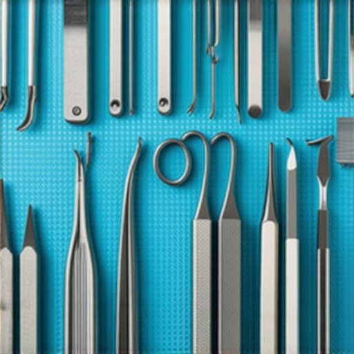 Close-up of surgical tools organized on magnetic mats in a sterile operating room.