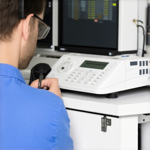Technician performing routine maintenance on audiometry device