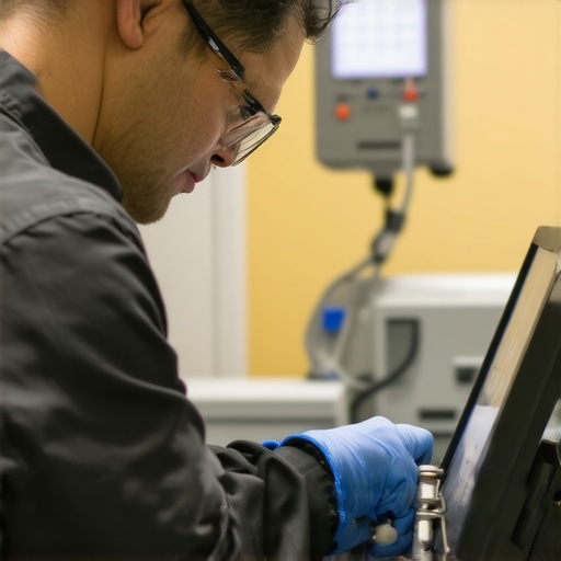 Technician calibrating and maintaining medical equipment in a hospital setting.