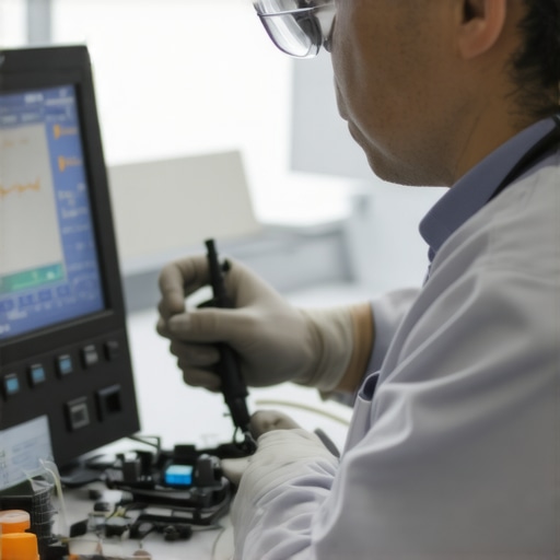 Maintaining Medical Equipment Technician calibrating a medical analyzer with digital tools in a hospital lab.