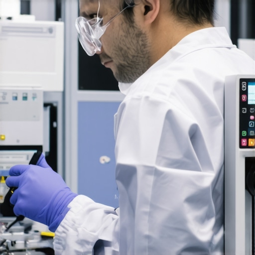 Technician calibrating and cleaning high-tech medical devices in a hospital lab.