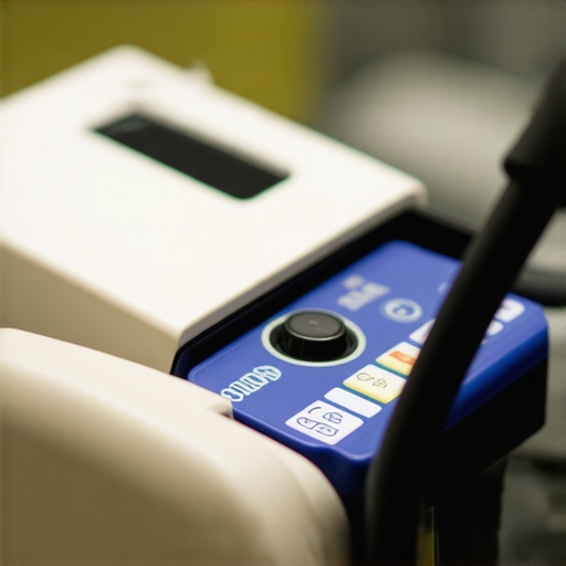 Technician calibrating and cleaning healthcare devices in a professional medical environment.