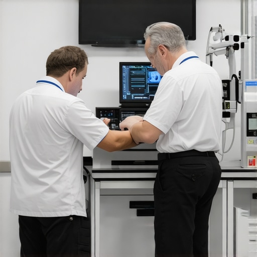 Technicians performing calibration and maintenance on medical devices in a clinical environment