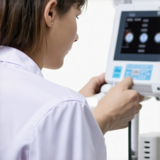 A technician calibrating medical equipment using a digital device in a clinical environment