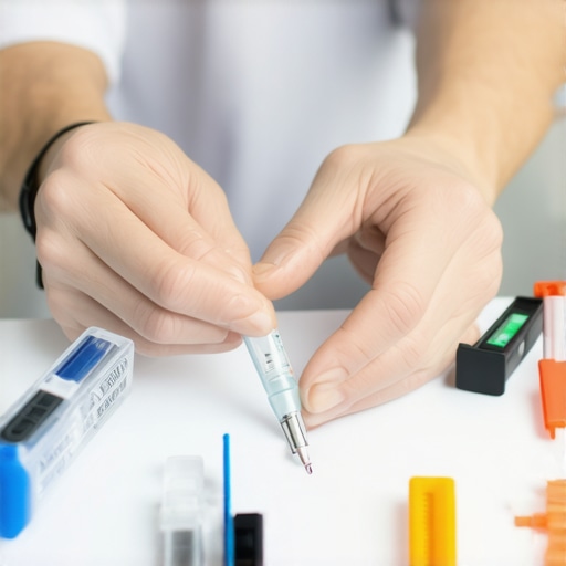 Healthcare technician calibrating and inspecting fall prevention sensors in a clinical setting
