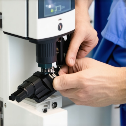Technician using calibration tools on medical equipment