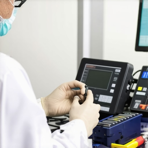 A technician calibrating a digital stethoscope using specialized tools in a clinical setting.