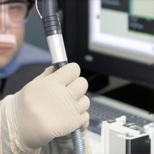 Technician calibrating a medical device using specialized tools