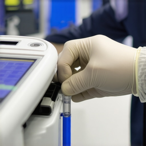 Technician calibrating a medical instrument with specialized tools in a clinical setting.