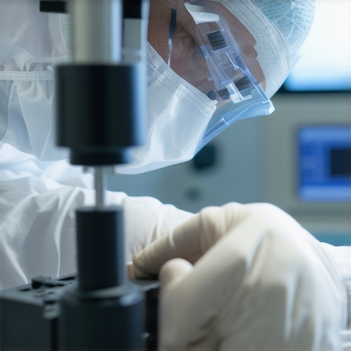 Technician calibrating medical device using precision tools for maintenance.