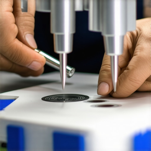 Technician using calibration tools on medical devices in a lab environment