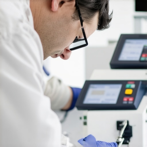 Technician calibrating medical devices using digital instruments.