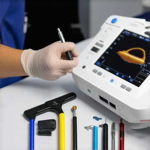 Technician calibrating ultrasound machine with digital tools in hospital