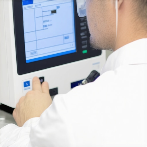 Technician calibrating a digital medical device in a healthcare facility.