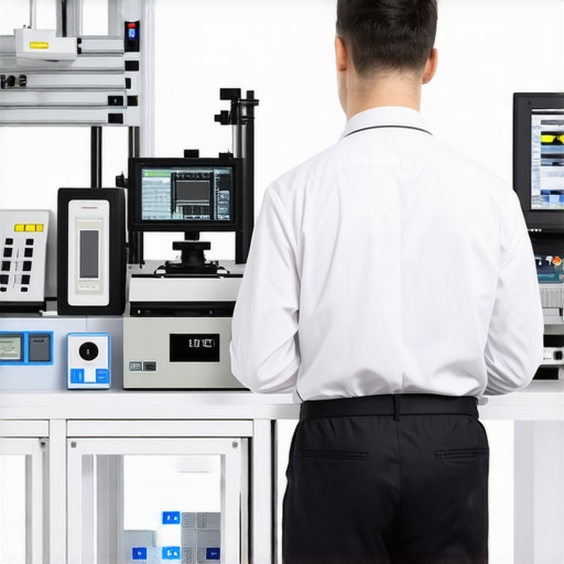 Technician calibrating medical devices using specialized tools in a clinical setting