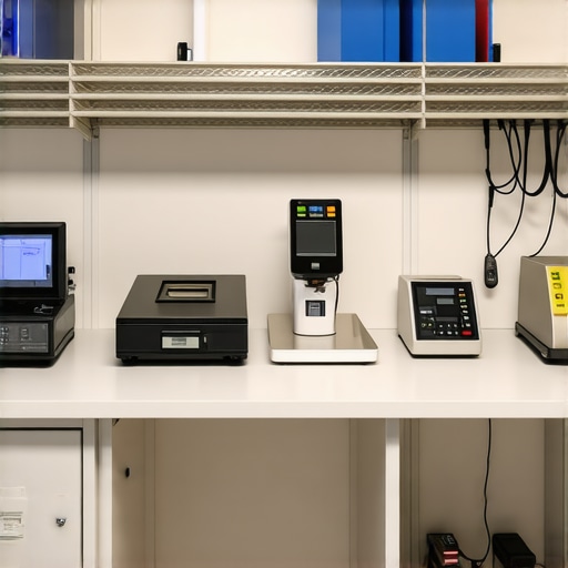 Medical Equipment Maintenance Station A clean and organized medical equipment maintenance station featuring ultrasonic cleaners, calibration devices, and environmental sensors.