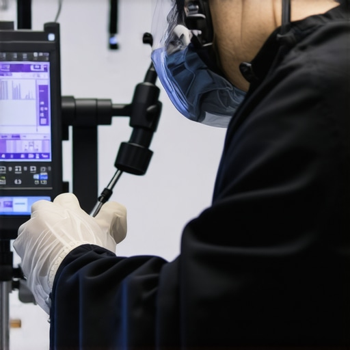 A healthcare professional calibrating medical devices with advanced diagnostic software and precision tools in a hospital environment.