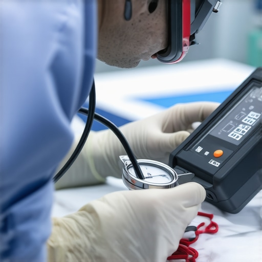 Technician calibrating medical devices using digital tools in a hospital.
