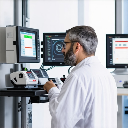 Doctor inspecting medical devices with organized supplies on a cart.