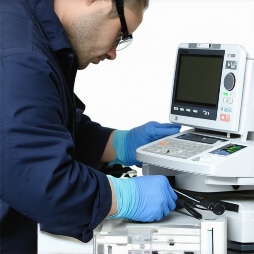 Technician calibrating and inspecting medical devices to ensure optimal performance.