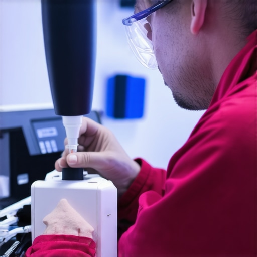Technician performing calibration on medical device with tools in a clinical environment.