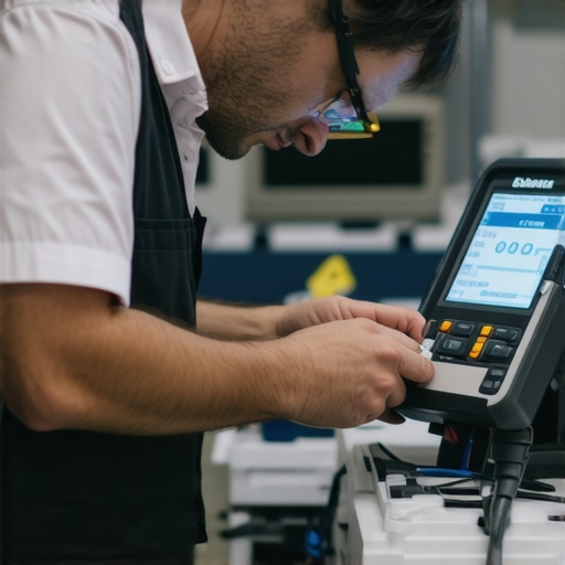 A technician calibrating and inspecting medical devices with digital tools in a clinic