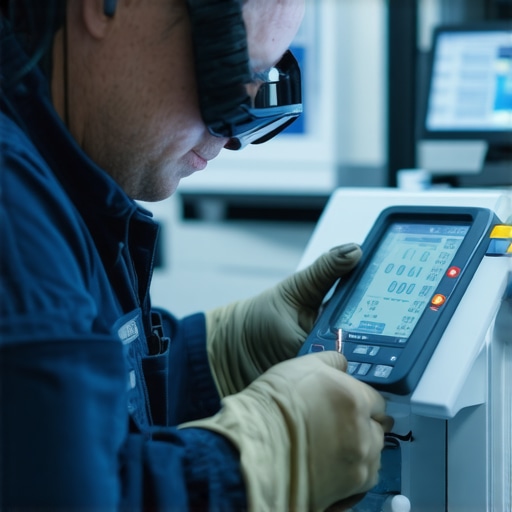 Technician calibrating and inspecting high-tech medical devices using specialized tools