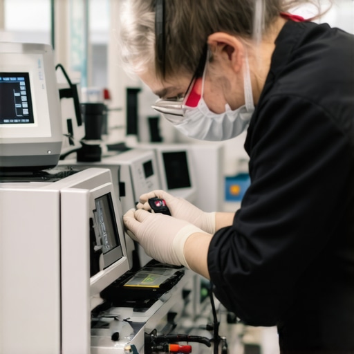 Medical Equipment Maintenance in Progress Technician performing routine maintenance on medical devices in a clinical setting.