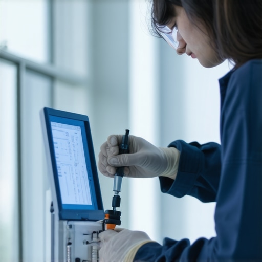 Technician calibrating and inspecting medical devices to ensure optimal performance.