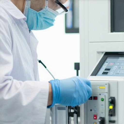 Technician calibrating medical devices to ensure accuracy and reliability in healthcare.