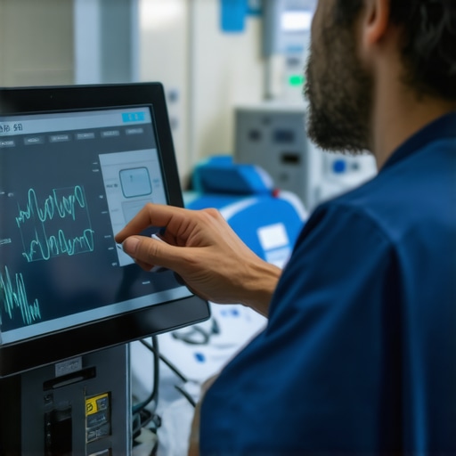 Doctor checking medical device with digital interface in hospital
