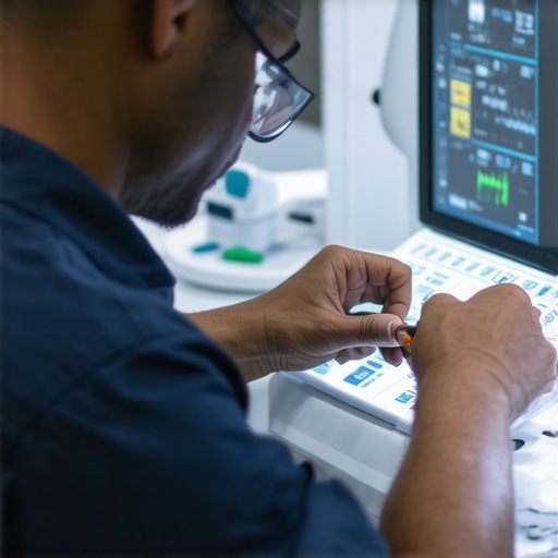 Technician performing routine maintenance on medical devices with digital monitoring tools.