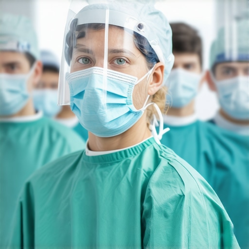 Healthcare professionals communicating using advanced face shields in emergency